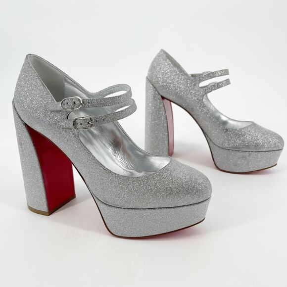 Christian Louboutin Silver Glitter Movida Jane Platform Mary Jane Pump EU 38.5 - Picture 1 of 15